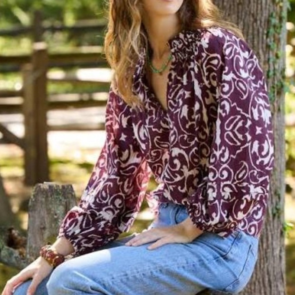 Figue Donna Top Plum White Ikat Cotton Smocked Ruffle Blouse L Cotton Boho Chic
